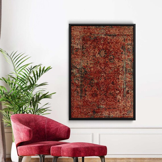Warm Rust Red Kilim Rug Canvas With Floral Border Pattern Poster