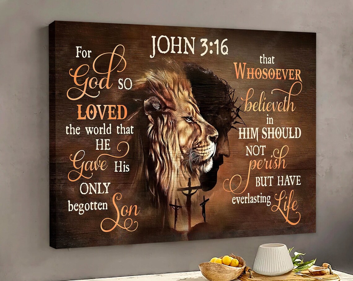 John 3:16 Lion and Jesus Double Portrait Christian Faith Poster