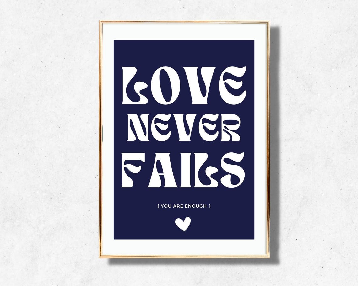 Love Never Fails Navy Blue White Retro Typography Heart Quote Poster - Image 4