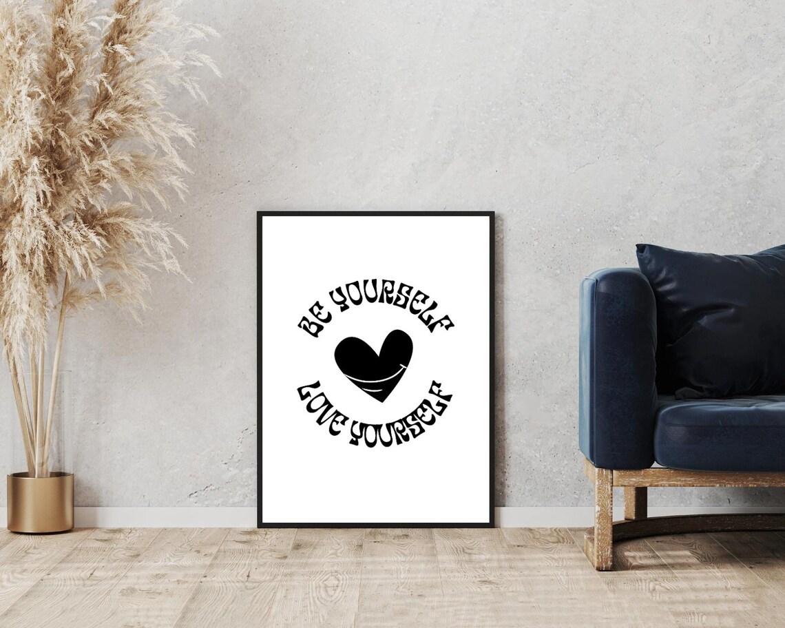 Be Yourself Love Yourself Black Retro Heart Minimalist Affirmation Poster - Image 3