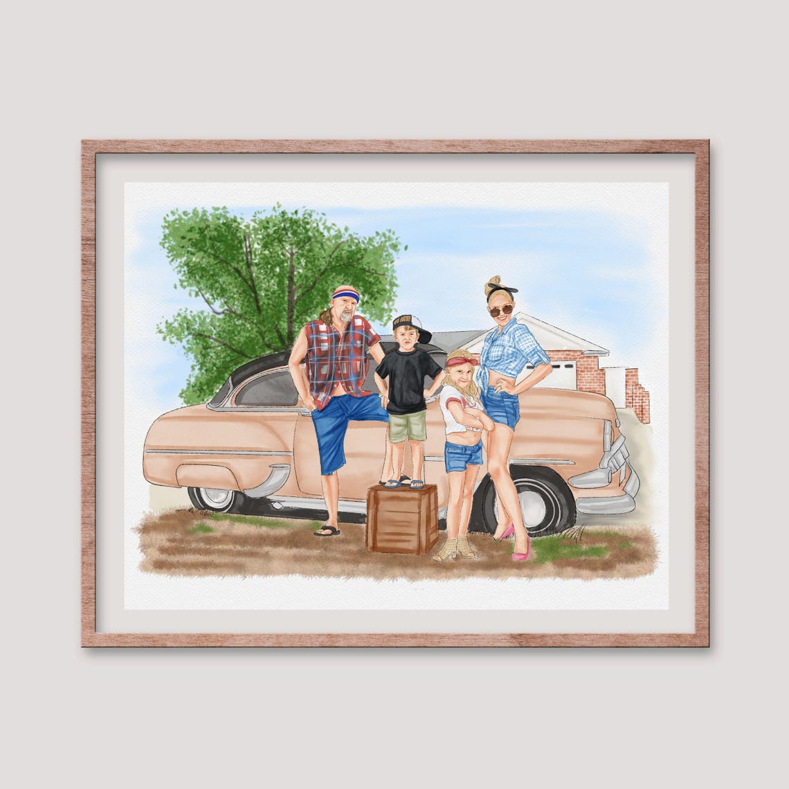 Retro Pink Car Family Custom Illustrated Portrait Poster Gift