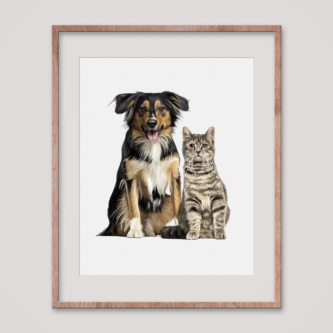Tricolor Dog and Tabby Cat Custom Watercolor Pet Portrait Poster