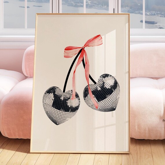 Disco Ball Cherries Pink Bow Trendy Retro Coquette Wall Poster