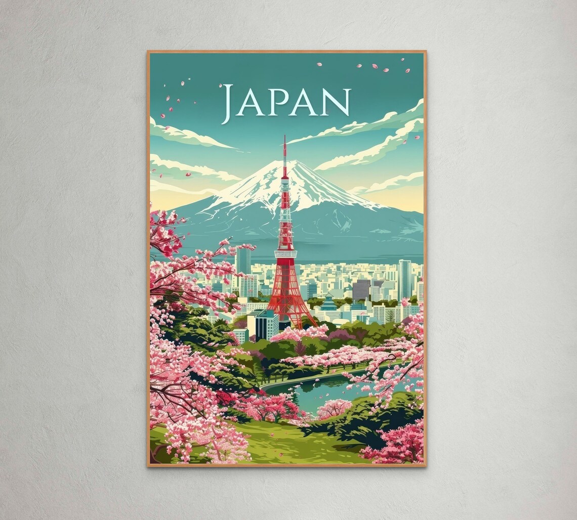 Tokyo Tower, Mount Fuji and Cherry Blossoms Vintage Travel Poster