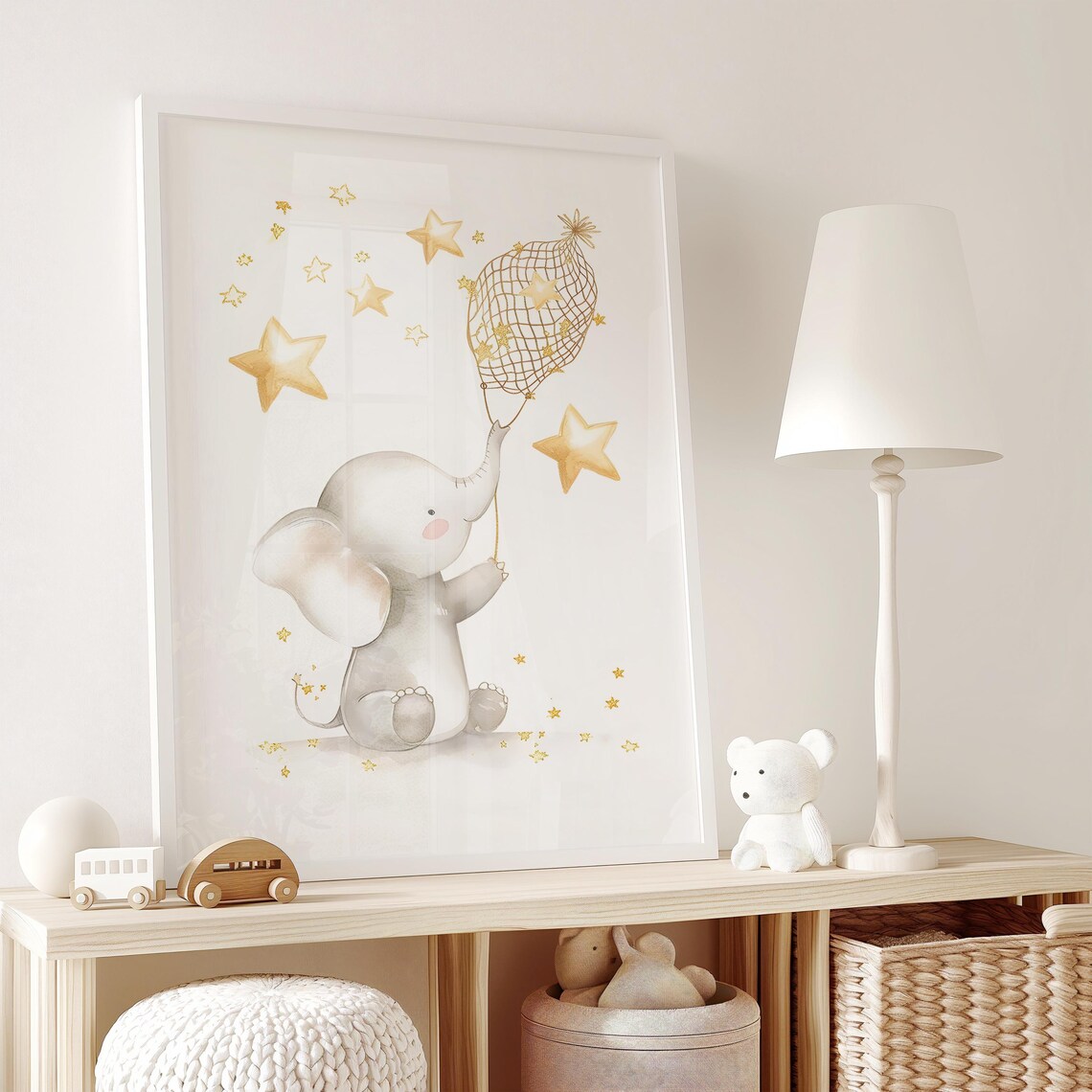Elephant Catching Stars in a Net Gold Starry Nursery Wall Art - Image 2