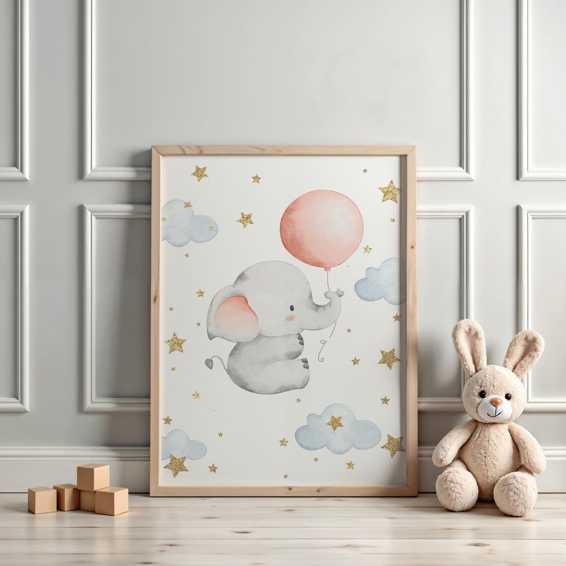 Baby Elephant Holding A Pink Balloon Starry Night Nursery Poster - Image 3