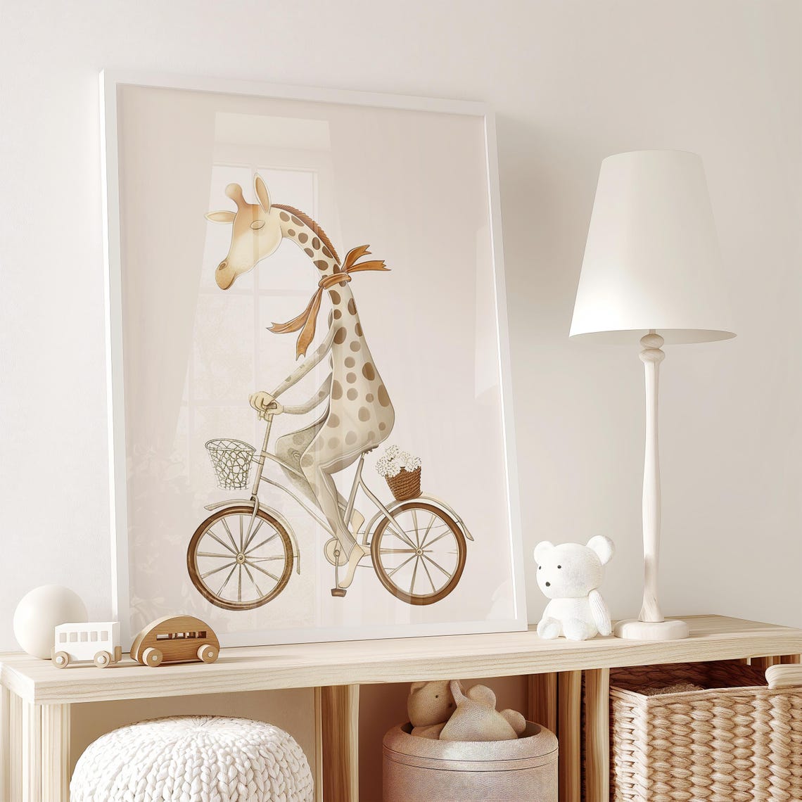 Giraffe Riding A Bicycle Watercolor Whimsical Nursery Wall Poster - Image 2