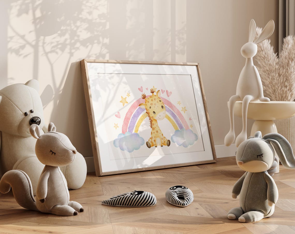Baby Giraffe Beneath a Pastel Rainbow Watercolor Nursery Poster - Image 4