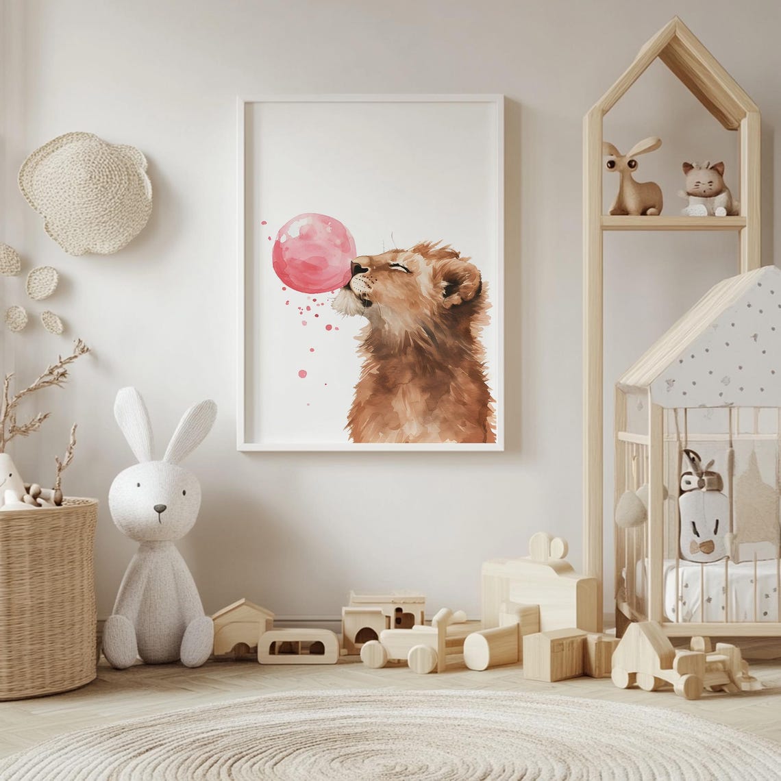 Playful Lion Cub Blowing a Giant Pink Bubblegum Bubble Poster - Image 4