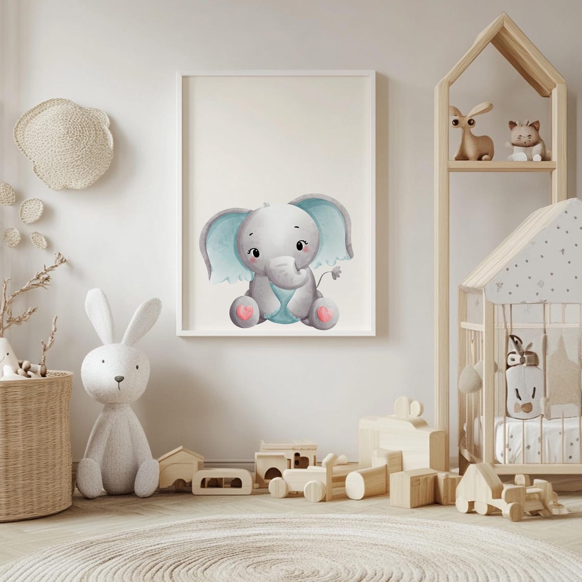 Cute Sitting Baby Elephant With Hearts Watercolor Nursery Poster - Image 4