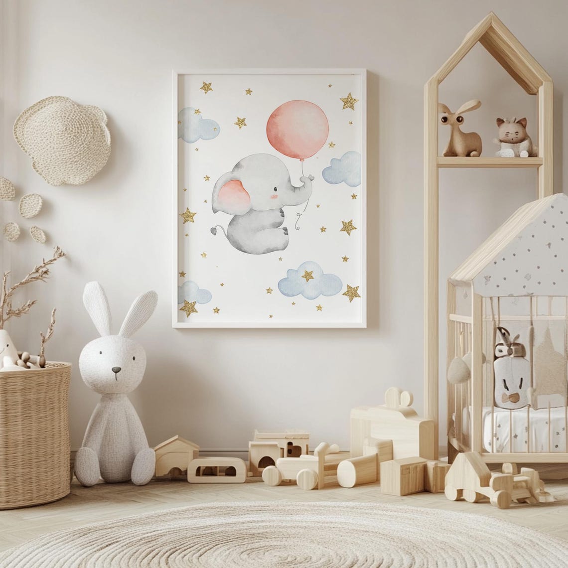 Baby Elephant Holding A Pink Balloon Starry Night Nursery Poster - Image 4