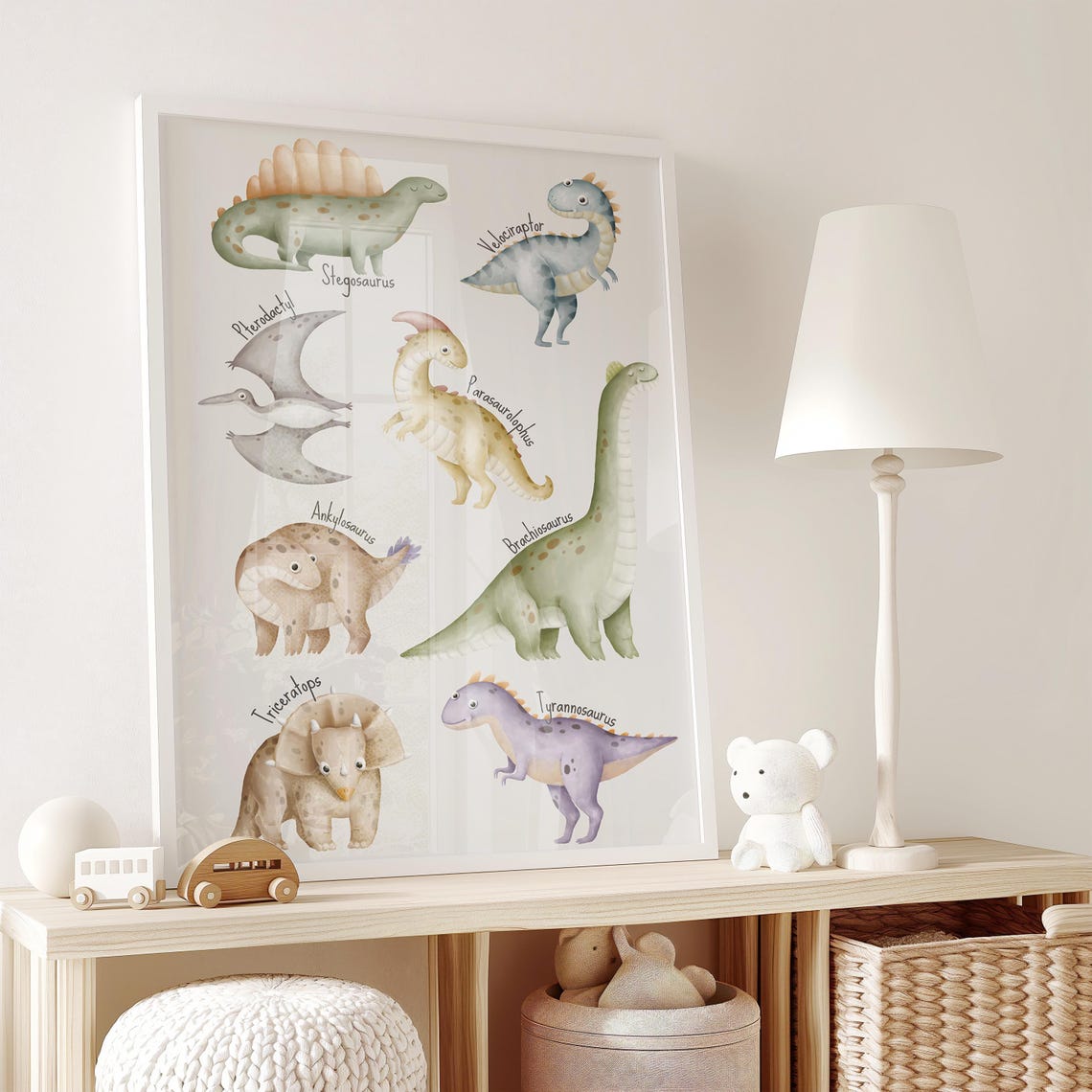 Cute Watercolor Dinosaur Chart With Species Names Kids Room Poster - Image 2
