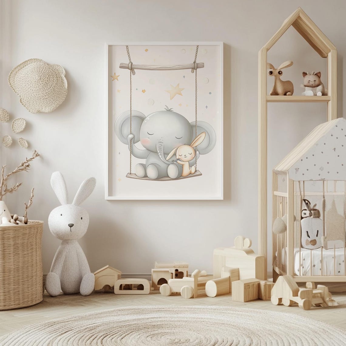 Sleeping Baby Elephant and Bunny Sharing a Wooden Swing Poster - Image 4
