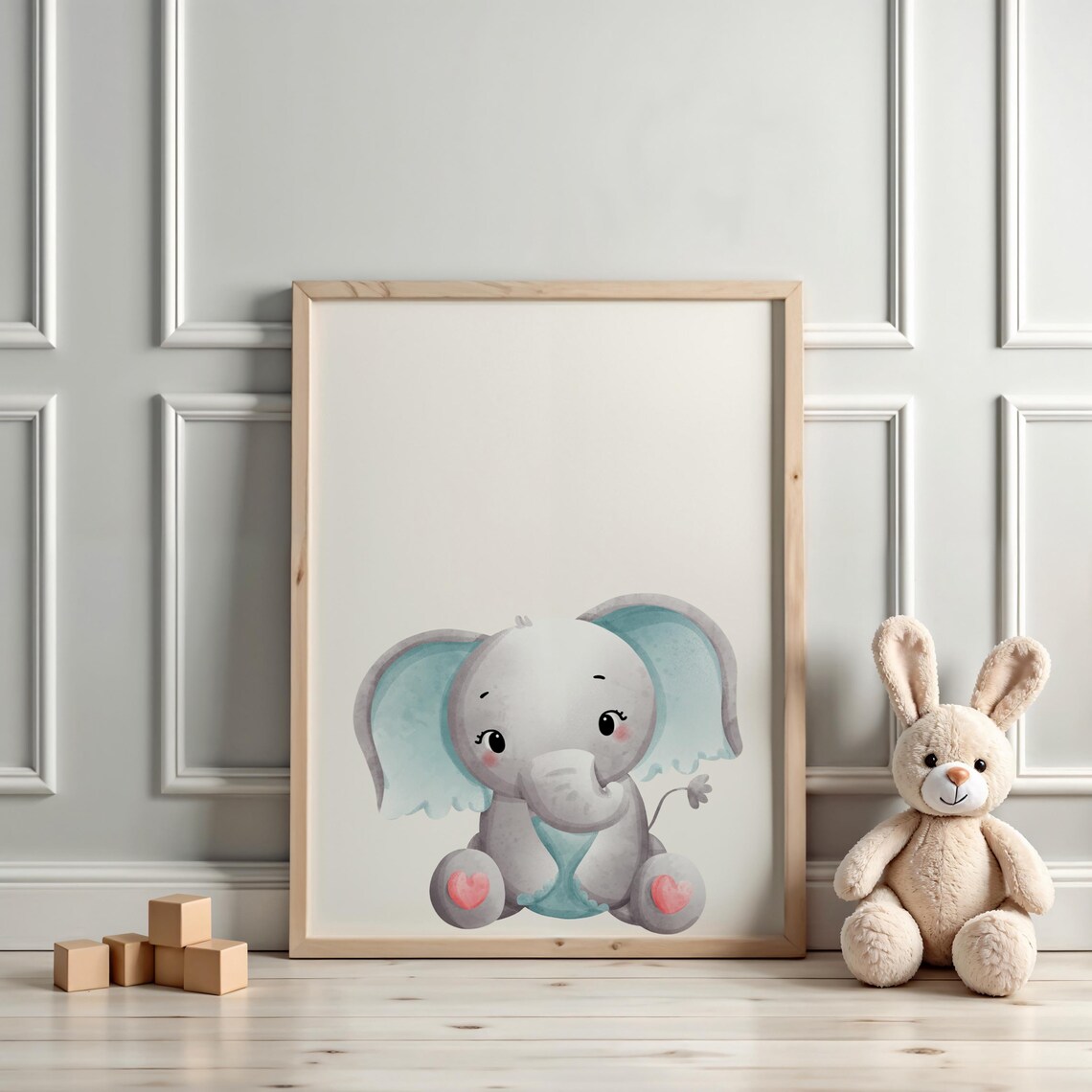 Cute Sitting Baby Elephant With Hearts Watercolor Nursery Poster - Image 3