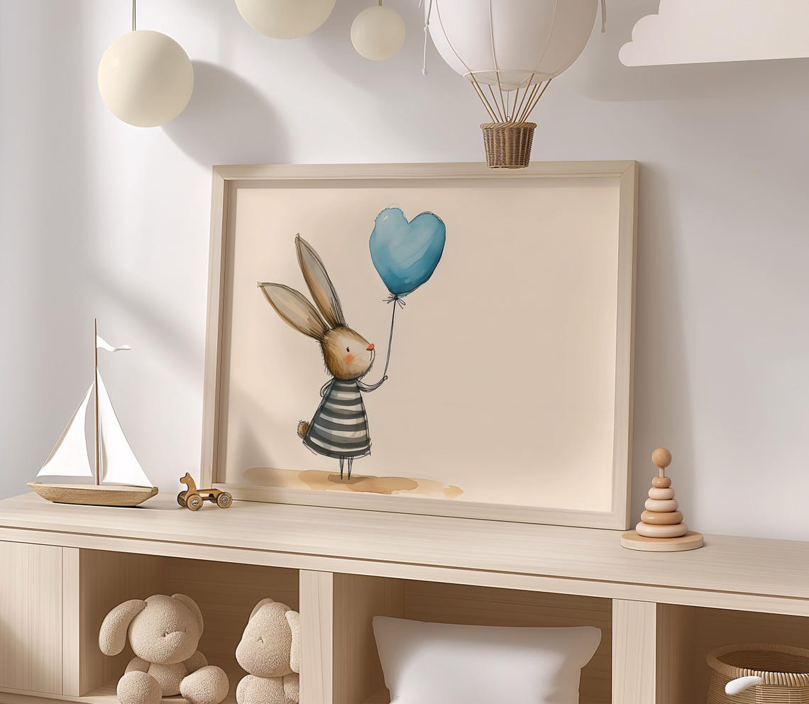 Bunny In Striped Dress With Heart Balloon Cute Nursery Wall Poster - Image 2