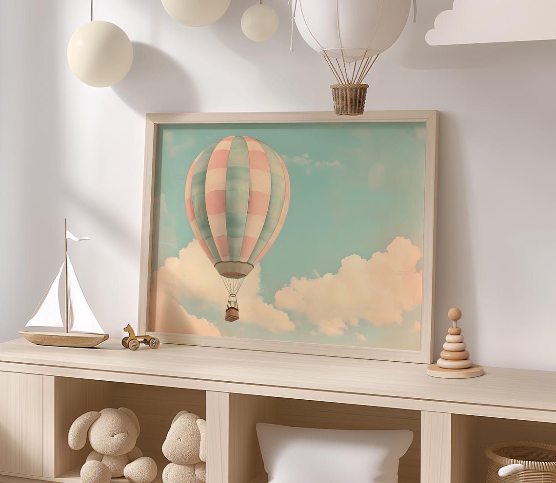 Vintage Hot Air Balloon In Clouds Pastel Sky Nursery Wall Decor Poster - Image 2