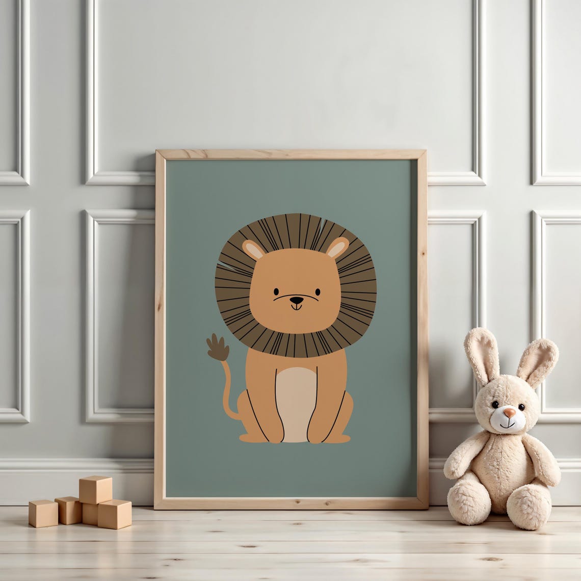 Smiling Cartoon Lion On Sage Green Simple Safari Nursery Poster - Image 3