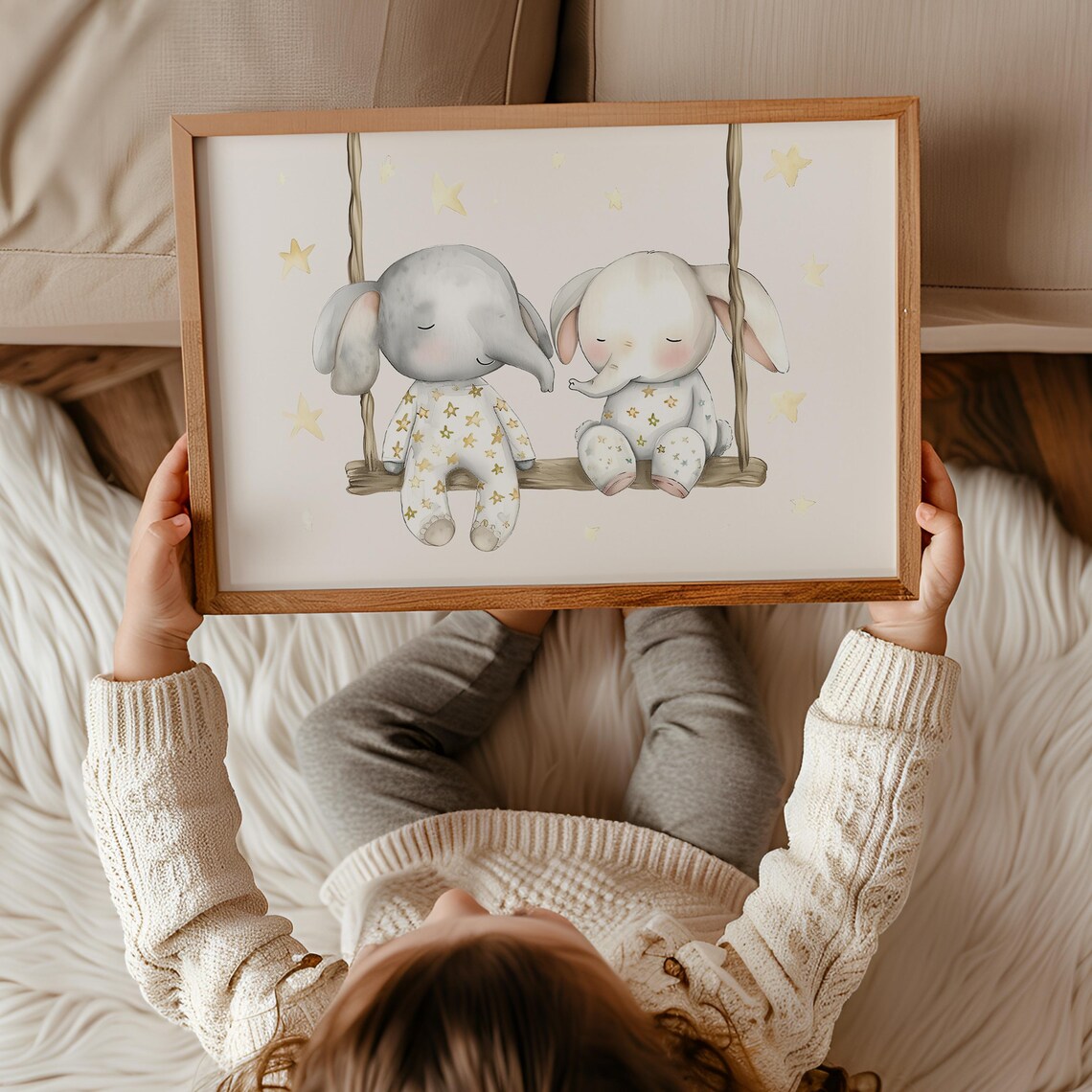 Two Baby Elephants On Swing In Pajamas Dreamy Nursery Wall Poster - Image 3