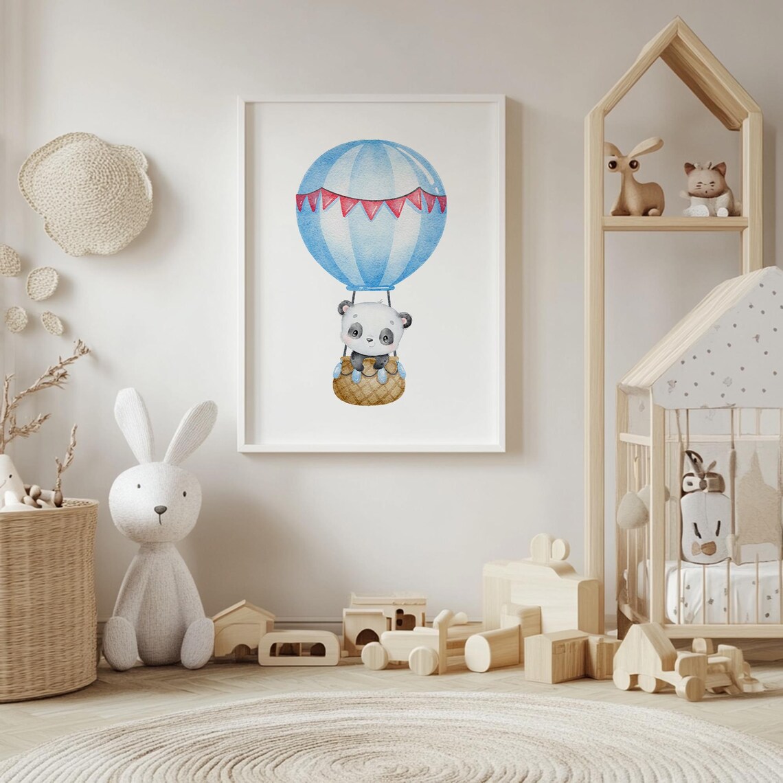 Baby Panda Riding Blue Hot Air Balloon Watercolor Nursery Poster - Image 4