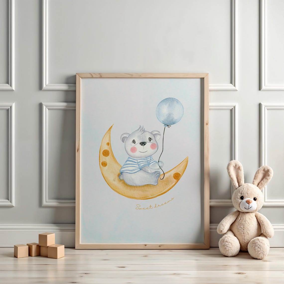 Sweet Dreams Bear On Golden Moon Balloon Watercolor Nursery Poster - Image 3
