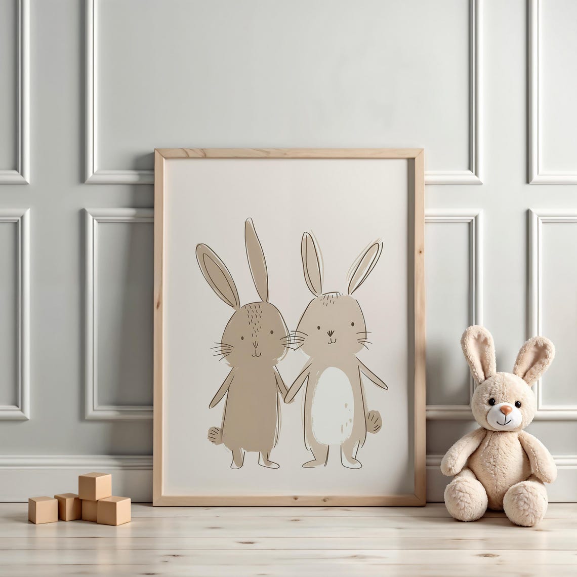 Hand-Drawn Rabbit Pair Holding Paws Neutral Beige Nursery Poster - Image 3