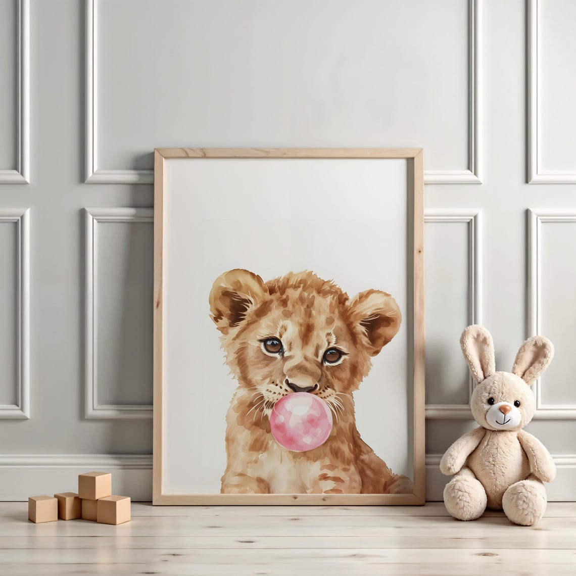 Lion Cub Blowing Pink Bubble Gum Cute Watercolor Kids Room Poster - Image 3