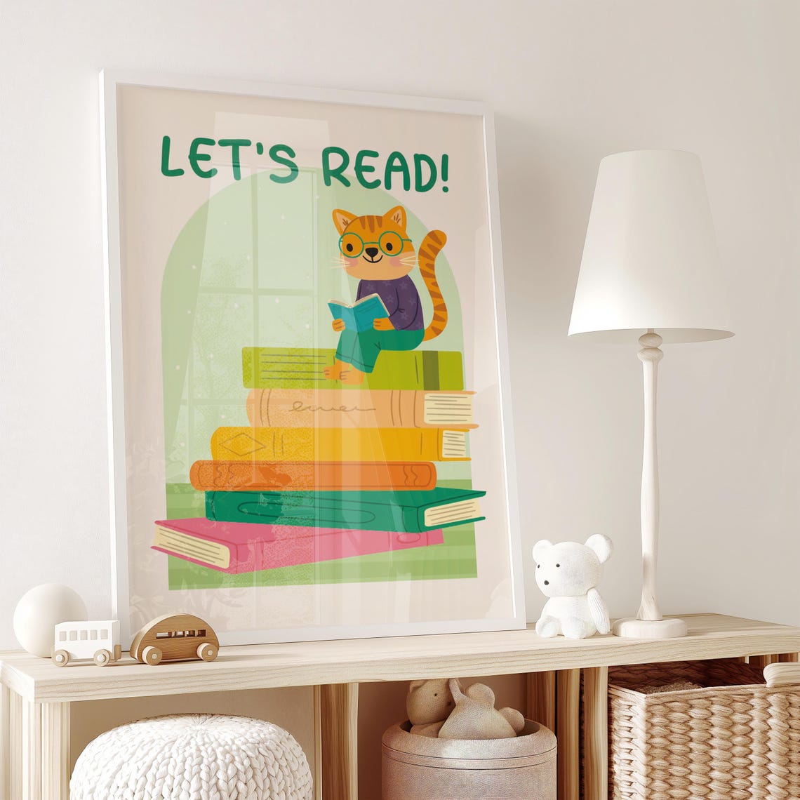 Let's Read Cat With Glasses Stacked Books Kids Reading Poster - Image 2