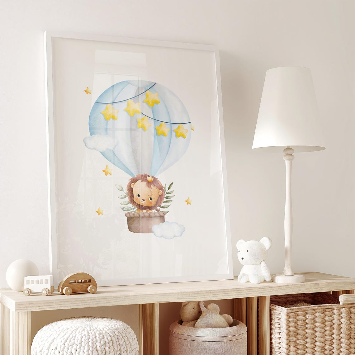 Baby Lion Hot Air Balloon Starry Sky Nursery Adventure Poster - Image 2