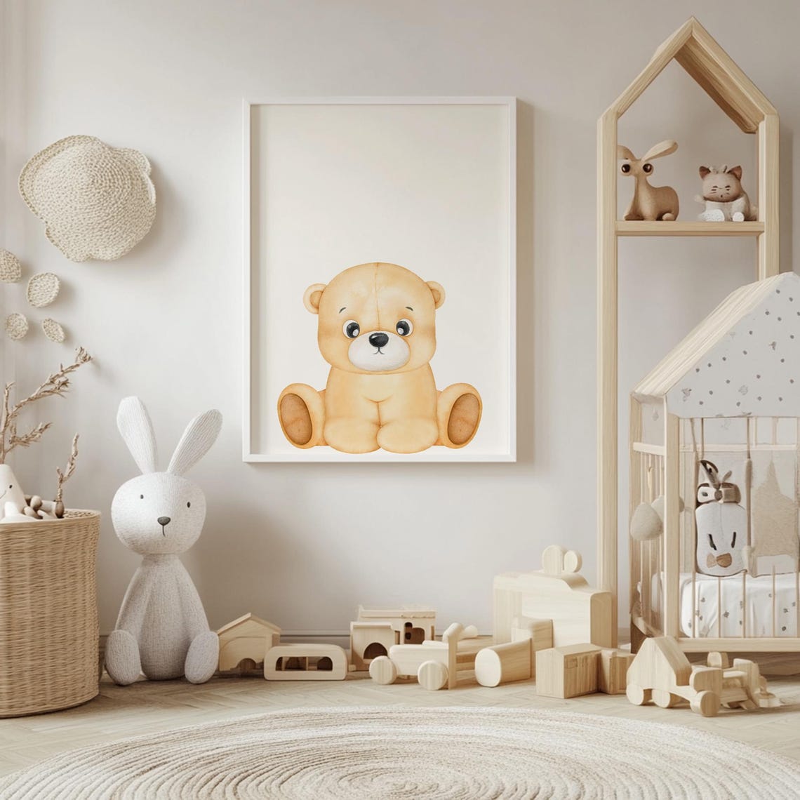 Watercolor Sitting Teddy Bear Cute Neutral Nursery Wall Decor Poster - Image 4
