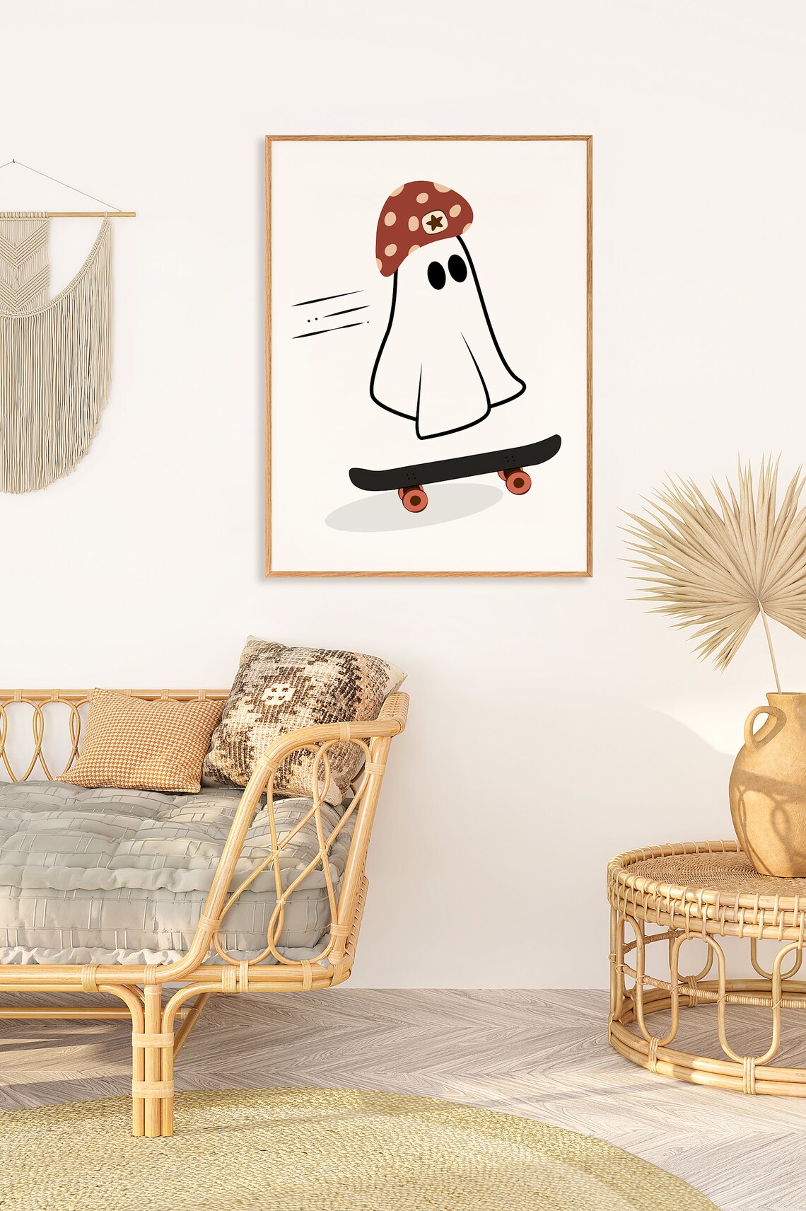 Cute Halloween Ghost Riding a Skateboard in Mushroom Hat Poster - Image 2