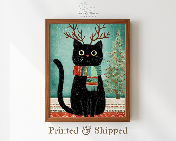 Black Cat Reindeer Antlers Christmas Poster Festive Scarf Cute Art