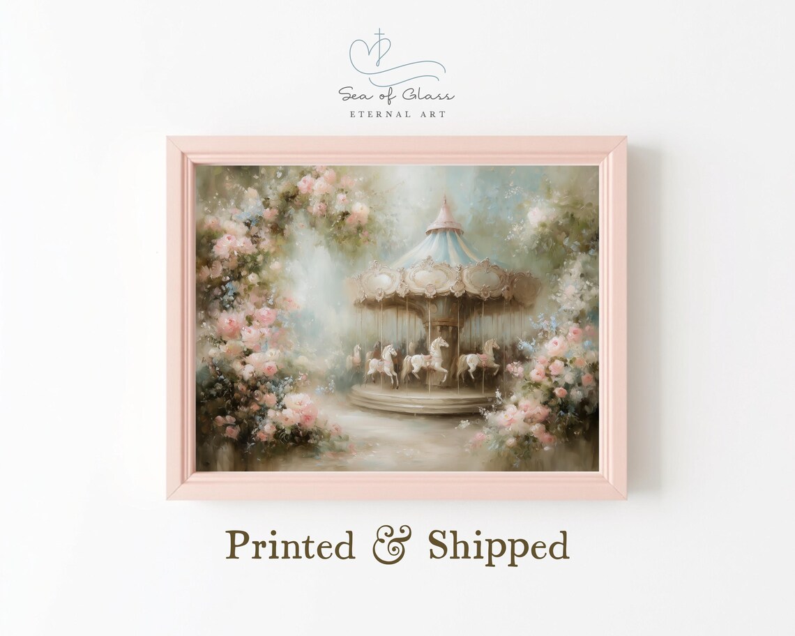 Vintage Carousel Horse Nursery Art Dreamy Pastel Floral Poster