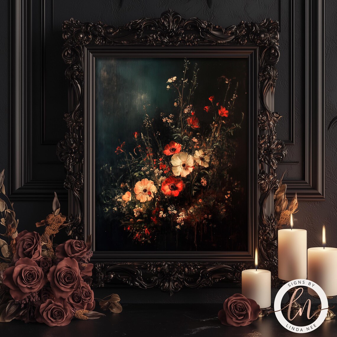Dark Floral Painting, Vintage Moody Wall Art Print - Image 5
