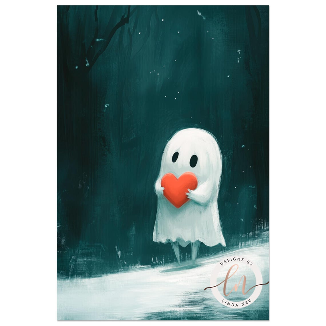 Cute Ghost Holding Red Heart Dark Forest Gothic Valentine Art Poster - Image 2