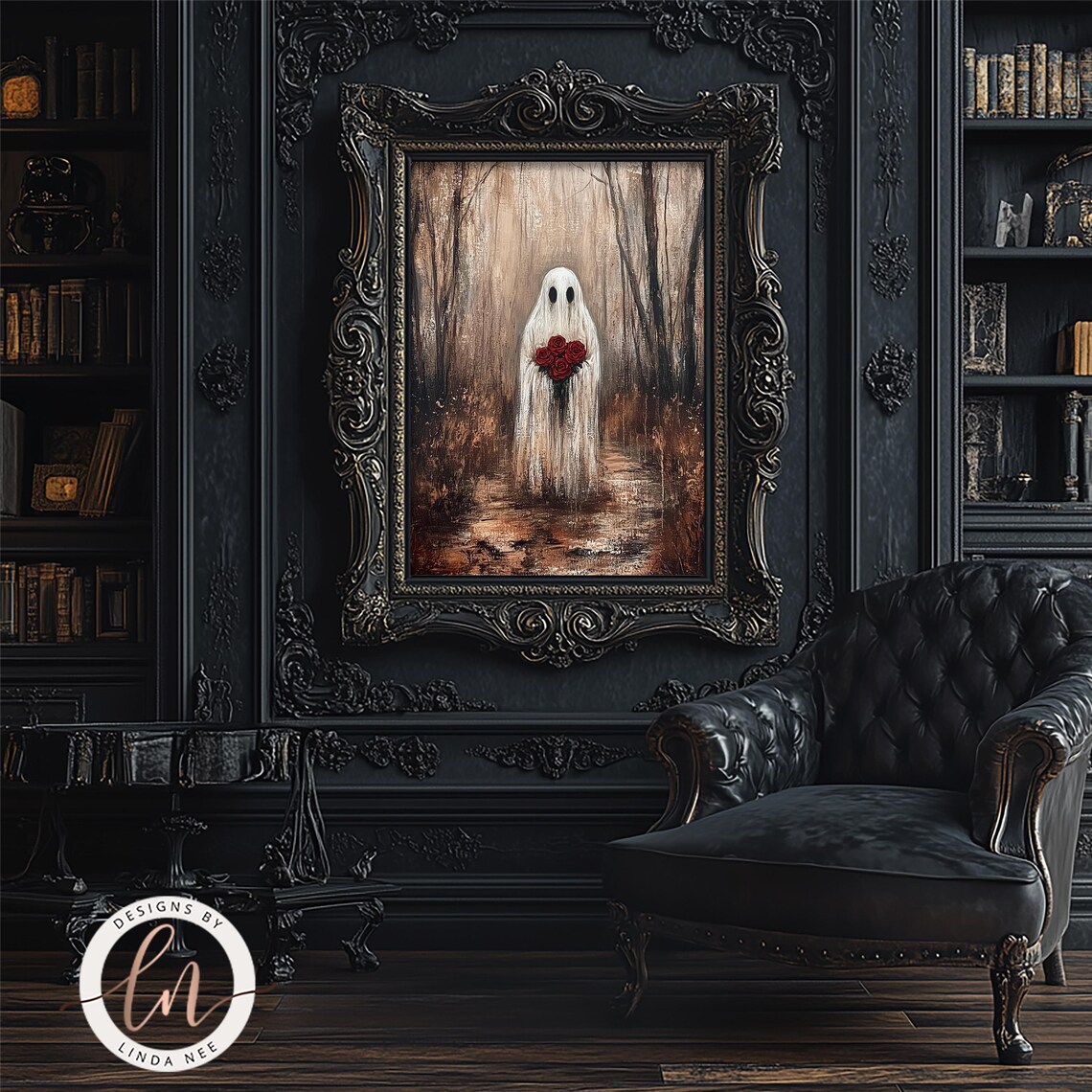 Romantic Ghost Holding Red Roses Dark Forest Gothic Valentines Wall Poster - Image 2