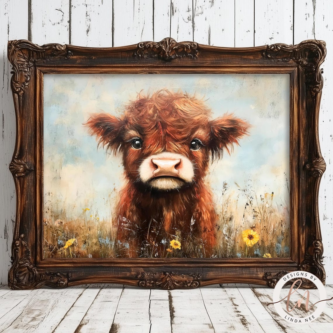 Rustic Farmhouse Highland Cow In Wildflowers Oil Painting Vintage Cow Print Country Nursery Decor Antique Wildflowers Landscape 6 Spr018 - Image 4