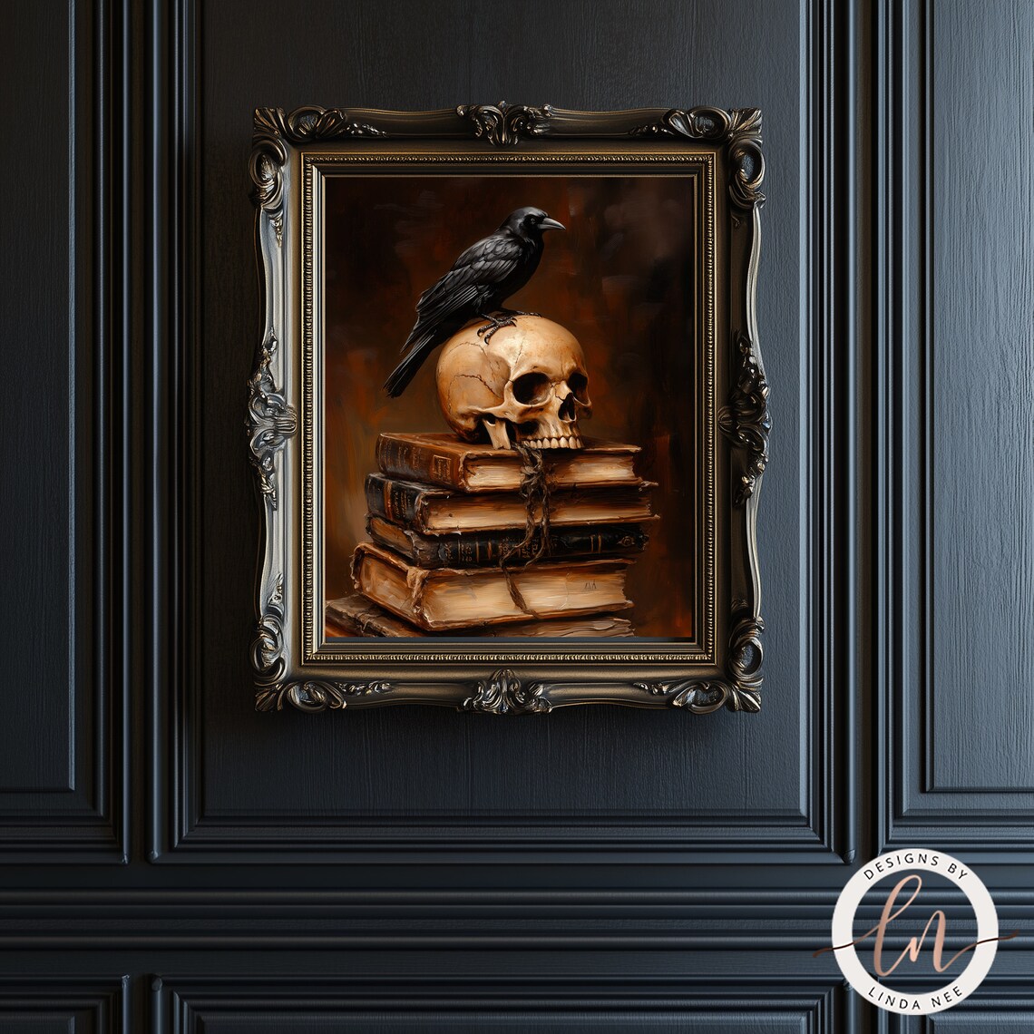 Raven On Skull Stack Of Old Books Dark Academia Moody Oil Painting Poster - Image 4
