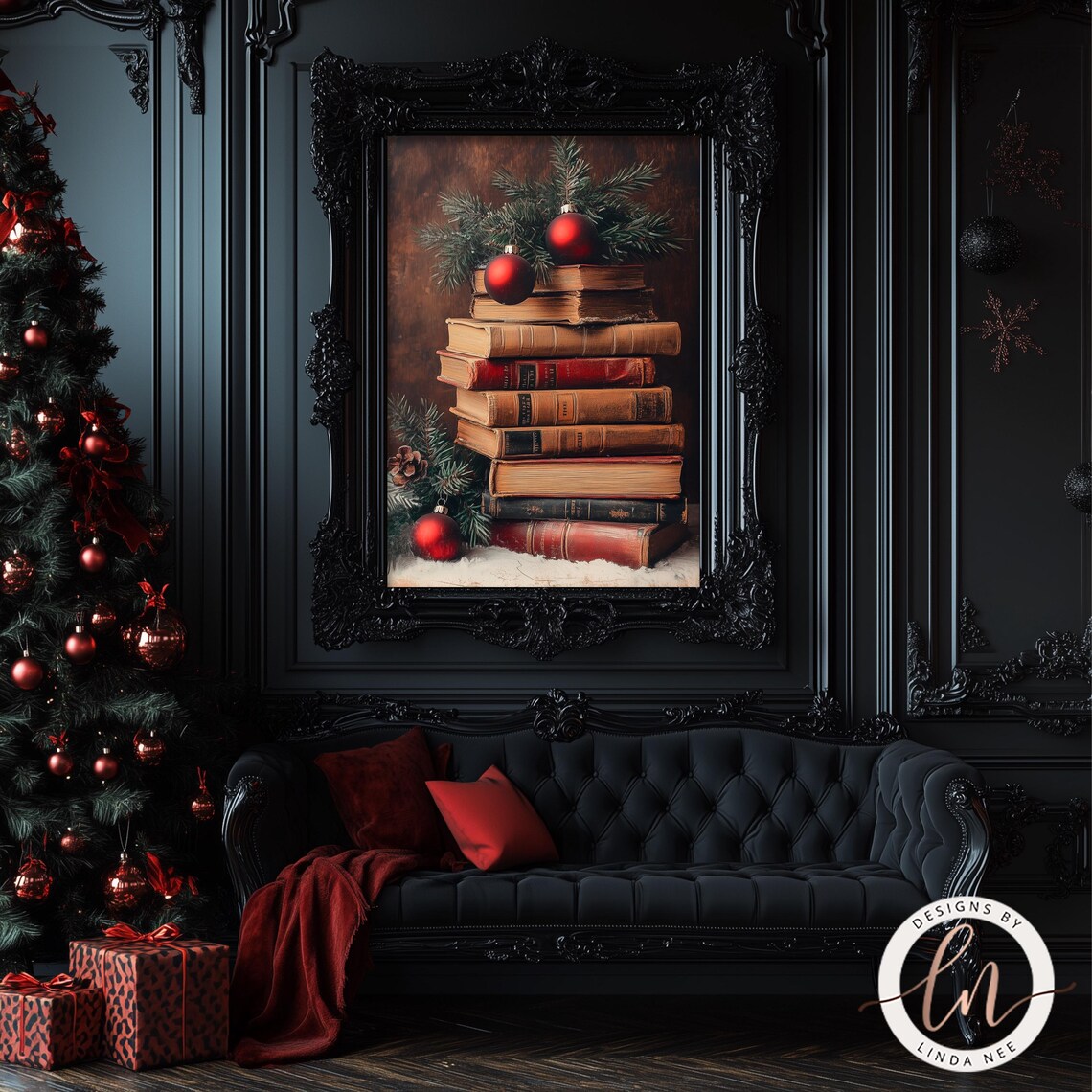 Christmas Book Stack, Dark Academia Vintage Art Print - Image 2