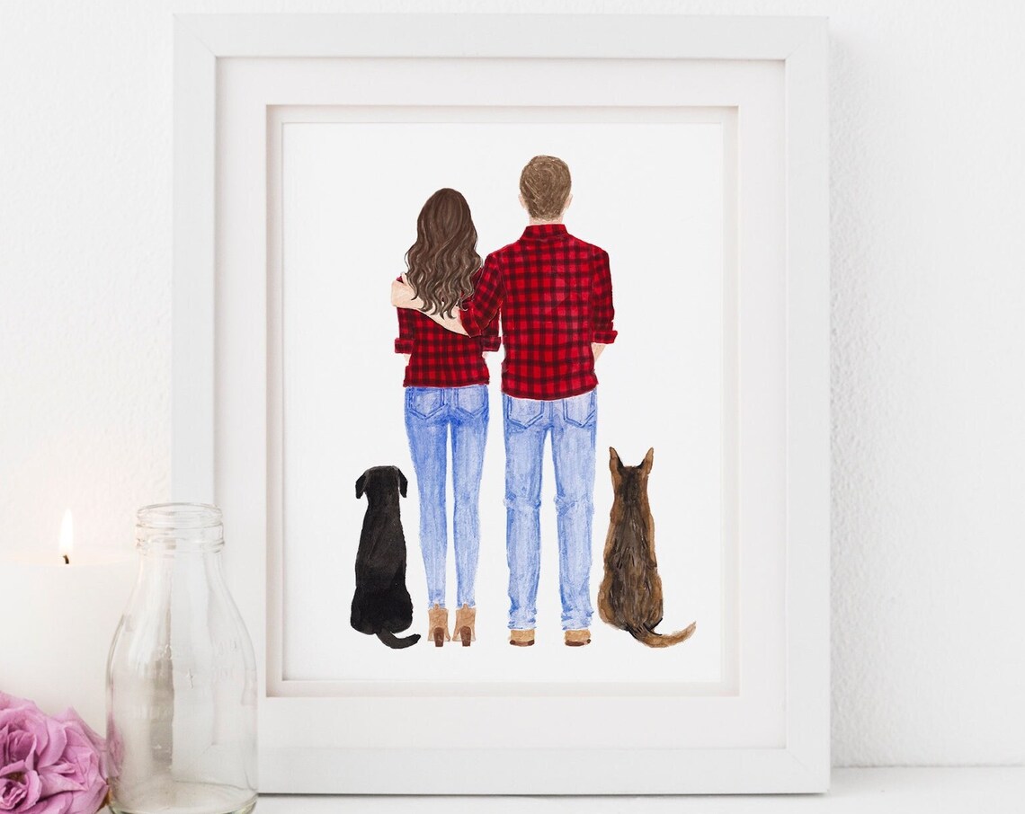 Couple in Matching Red Plaid Shirts with Dog and Cat Watercolor Poster