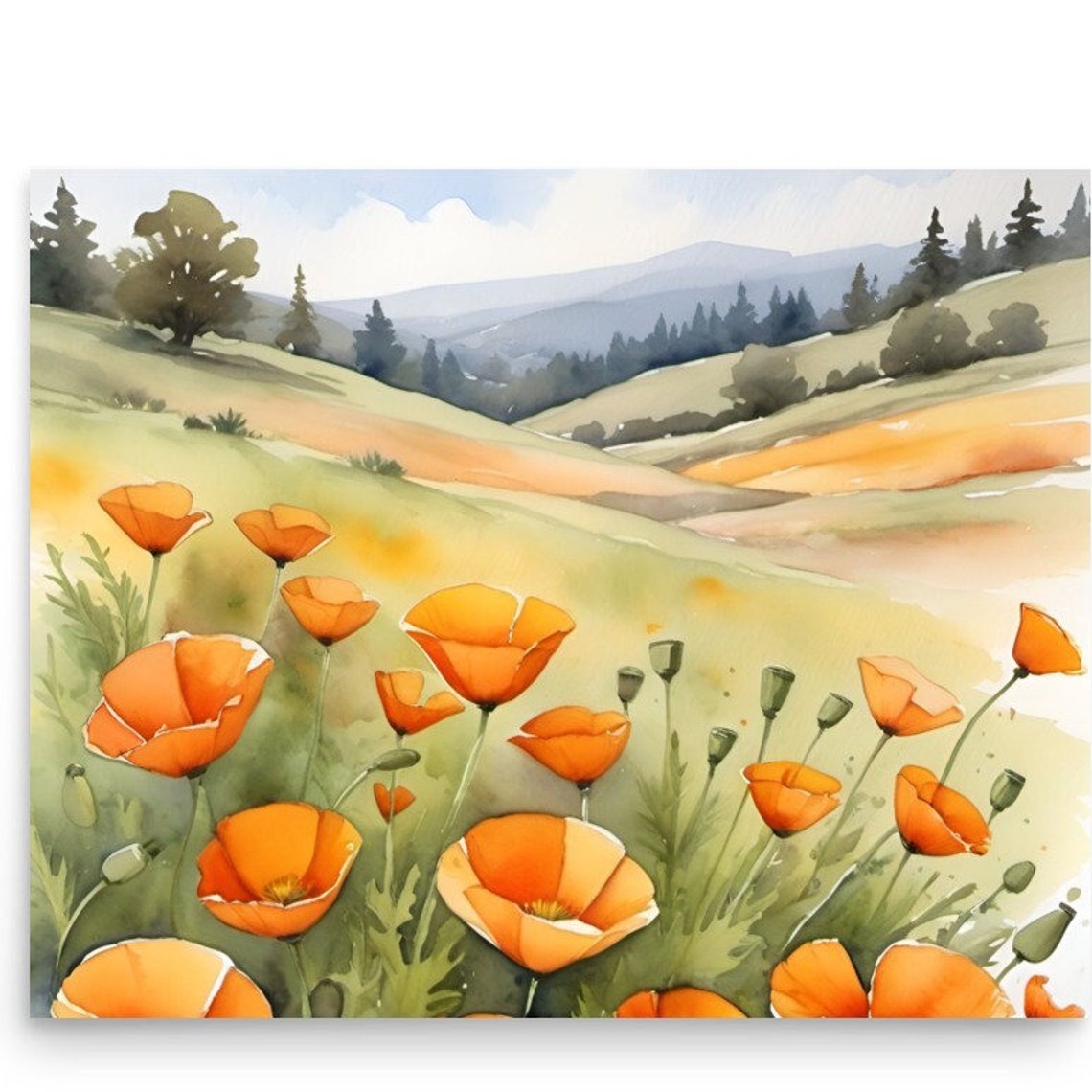 California Poppy Painting Orange Poppies Meadow Watercolor Art Print California Landscape Art Field Of Wildflowers Wall Art Poppies Poster