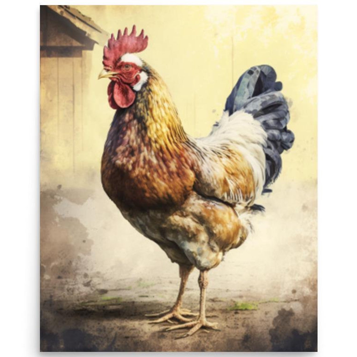 Proud Farmyard Rooster Portrait Watercolor Bird Rustic Farm Poster