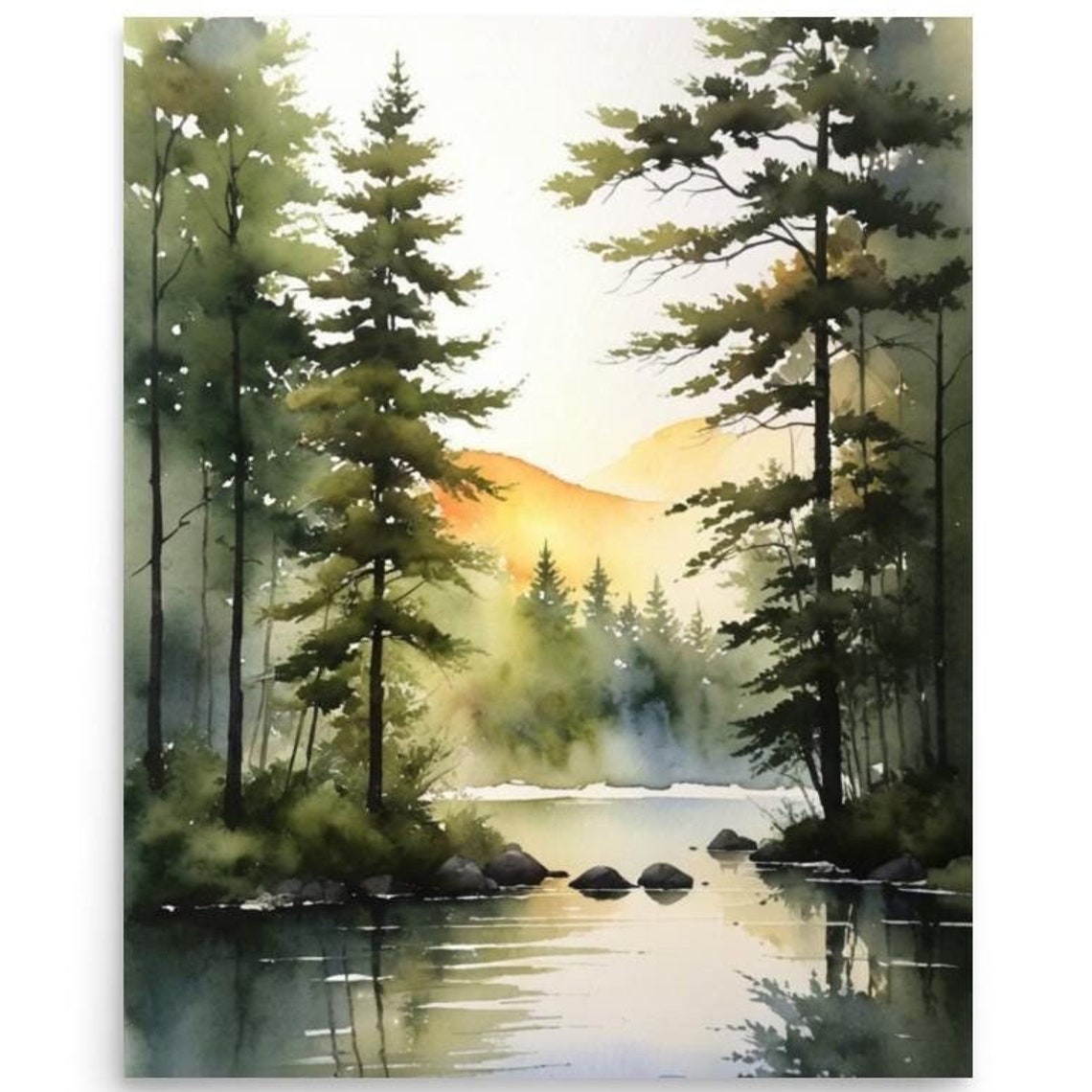 Glowing Sunrise Pine Forest Lake Watercolor Reflection Poster
