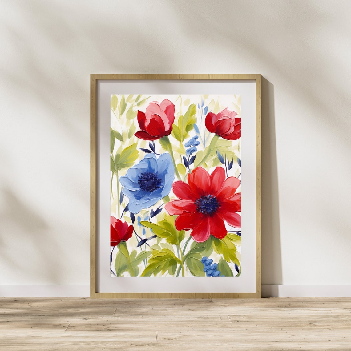 Bold Red and Blue Flowers Impasto Floral Oil Painting Poster - Image 5