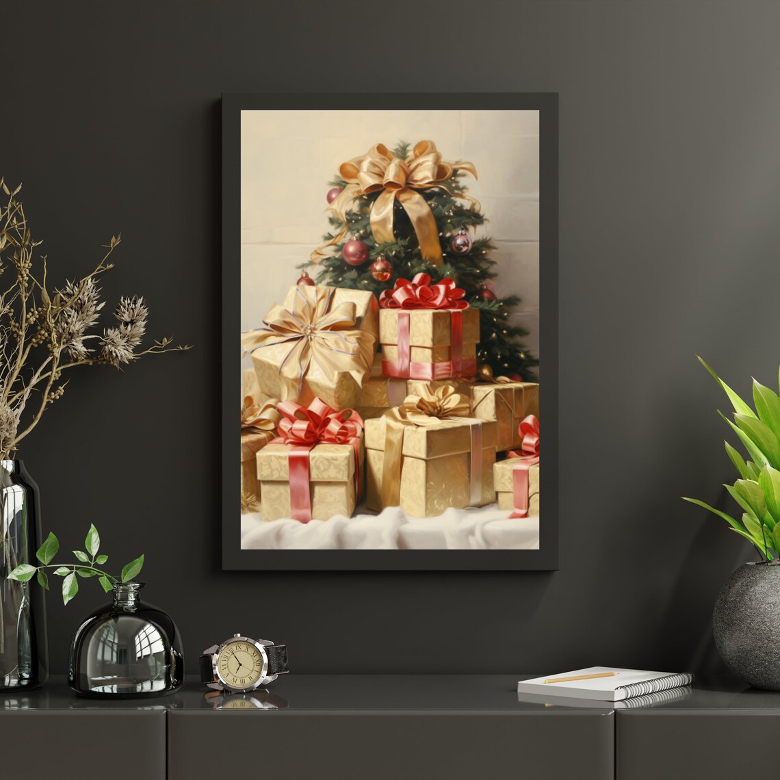 Christmas Tree with Gold Bow and Wrapped Gifts Painting Poster - Image 5