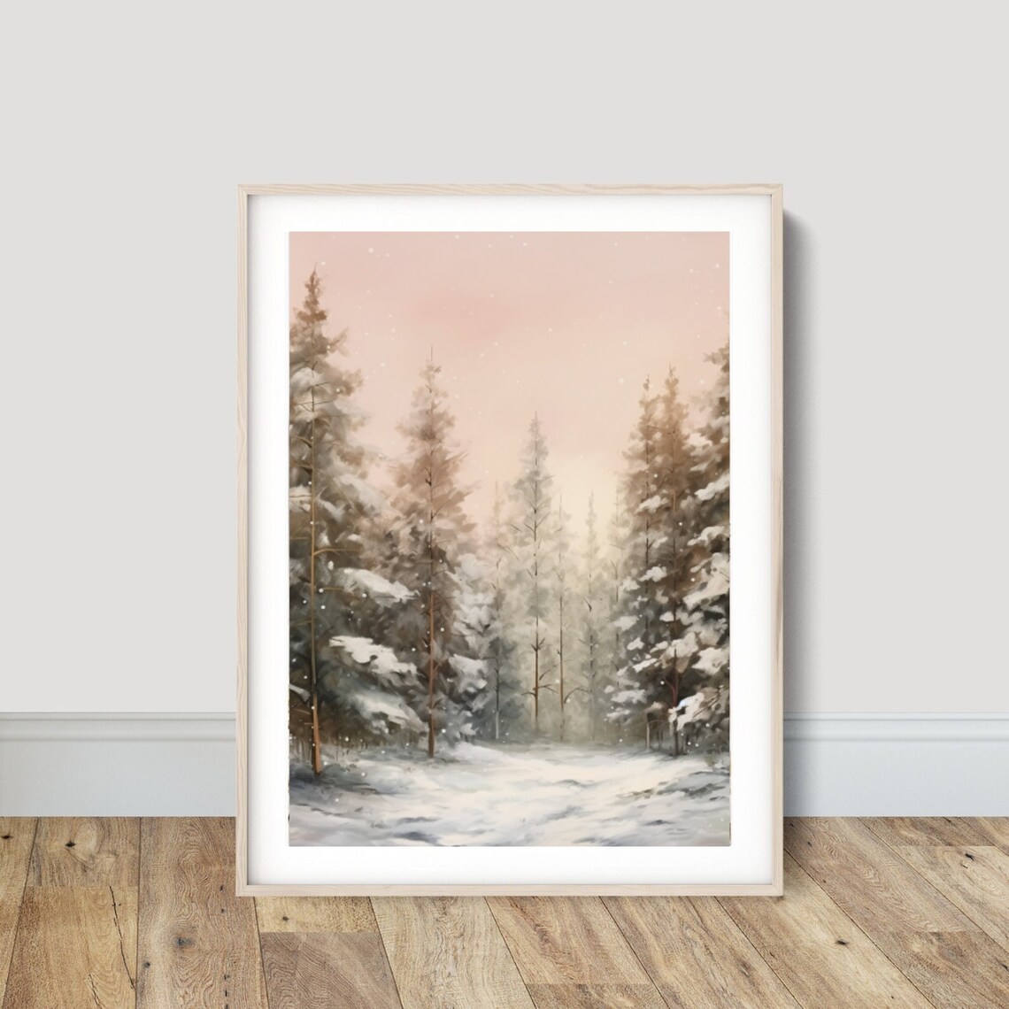 Blush Pink Winter Pine Forest Snowy Landscape Painting Poster - Image 4