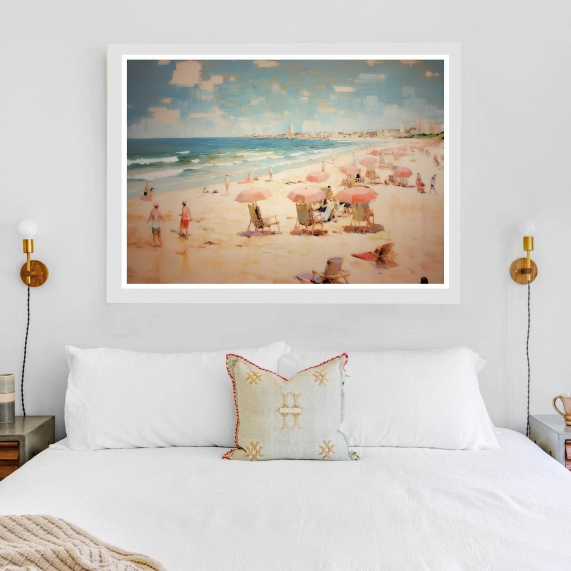 Busy Sandy Beach With Coral Umbrellas And Beach Chairs In Summer Print - Image 6