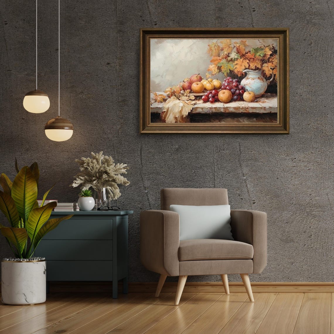 Autumn Fruit Grapes Apples Rustic Pitcher Still Life Painting Poster - Image 3