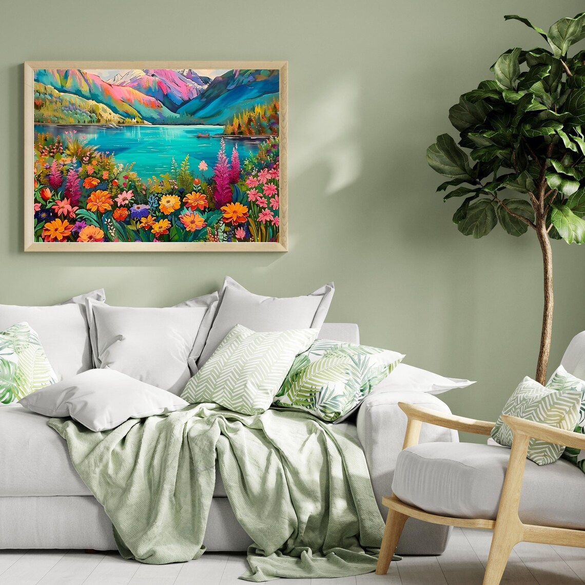 Rainbow Mountain Lake with Wildflower Shores Colorful Landscape Poster - Image 5