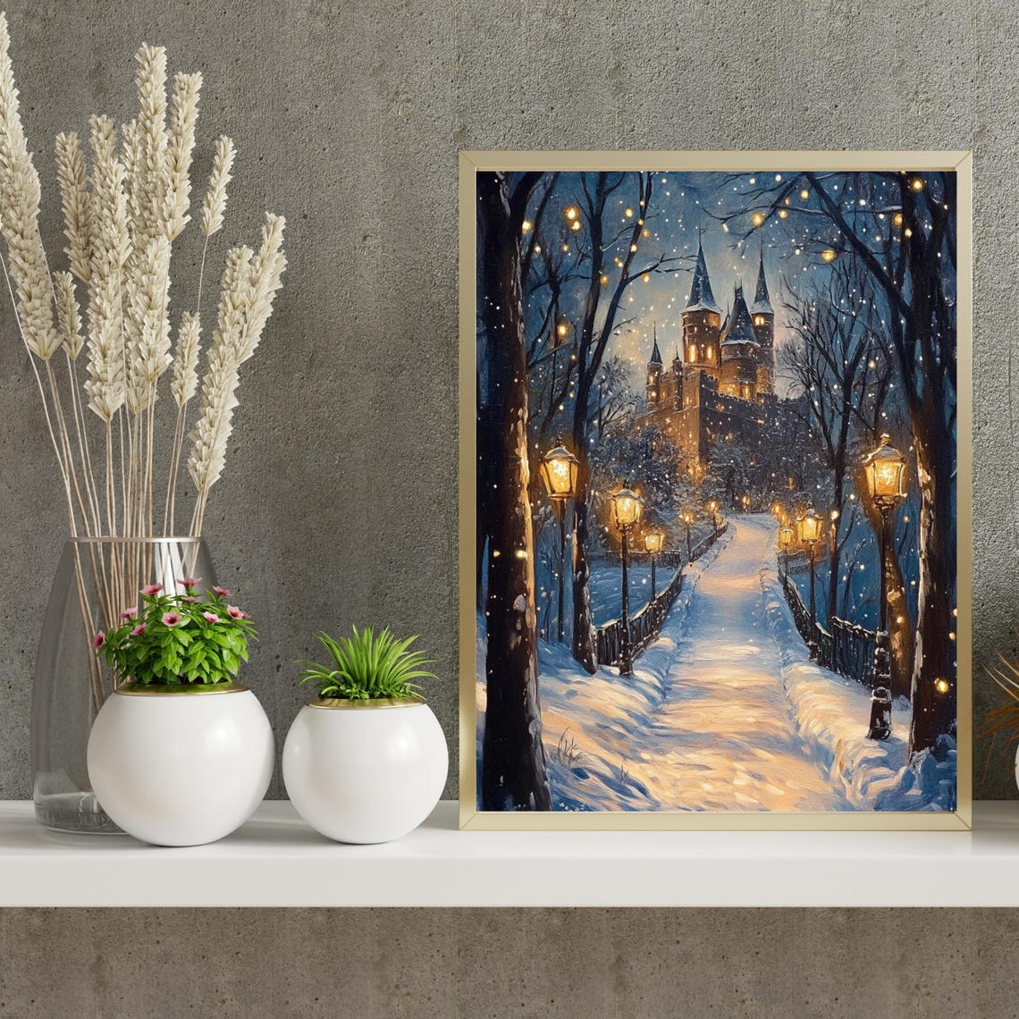 Snowy Lamplit Path To Illuminated Castle Winter Night Poster - Image 3