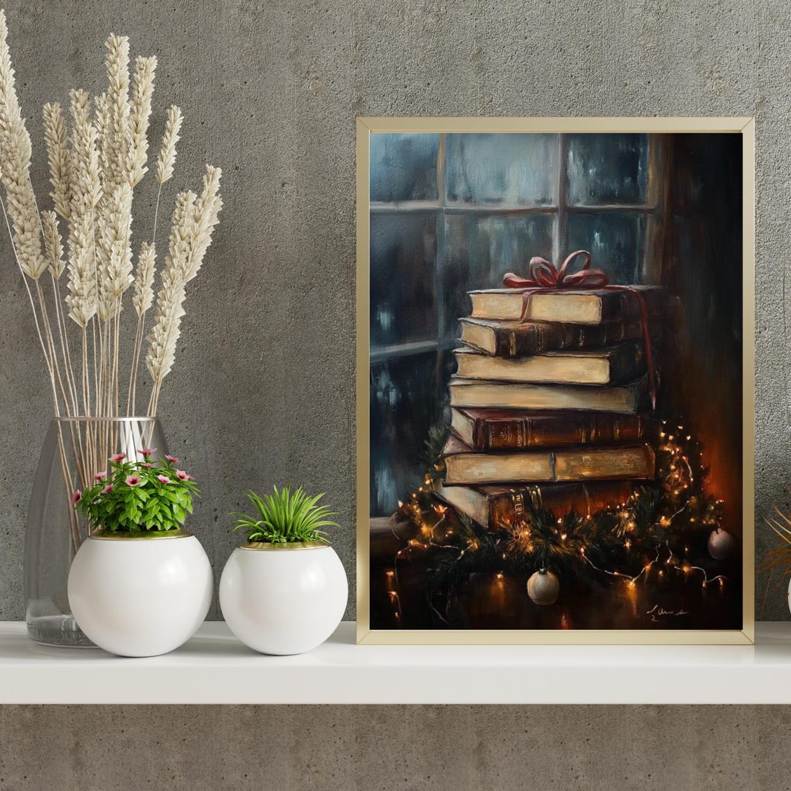 Stack Vintage Books Red Ribbon Fairy Lights Christmas Art Poster - Image 6